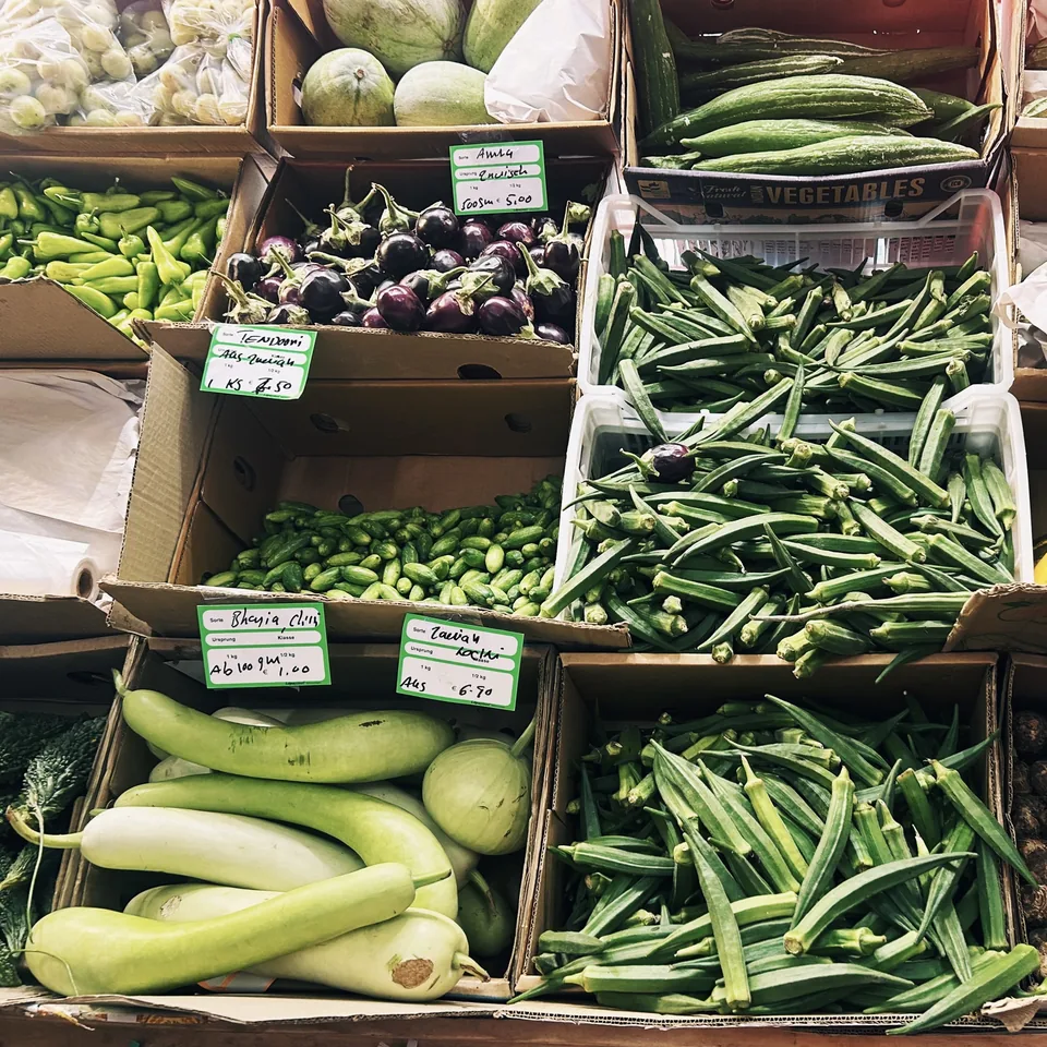 Fresh vegetables on display in an independent grocery store