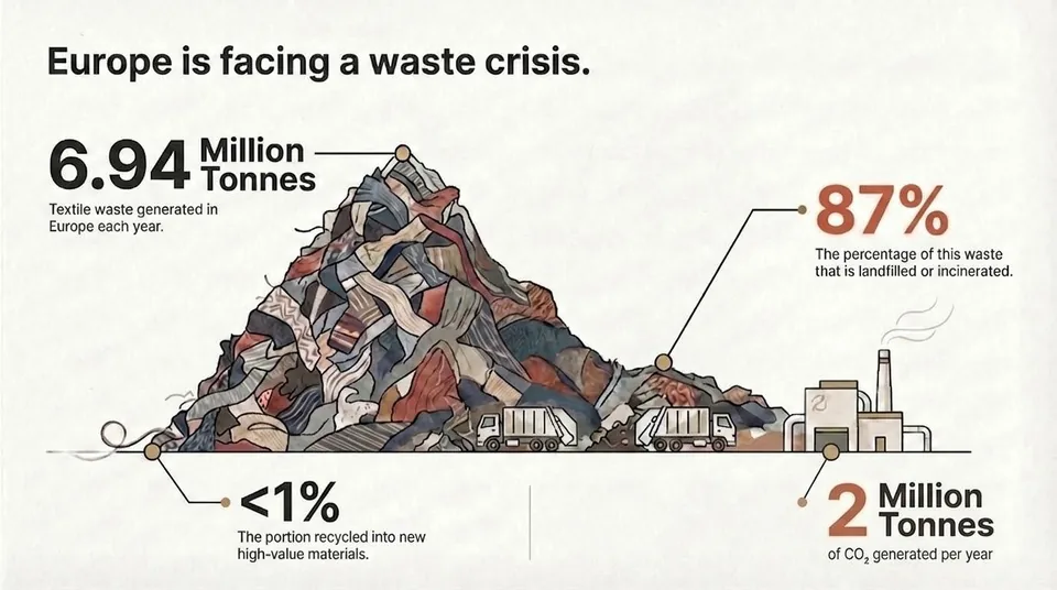 Rebrick infographic: 6.94 million tonnes of European textile waste annually, 87 percent landfilled or incinerated, and less than one percent recycled into new high-value materials