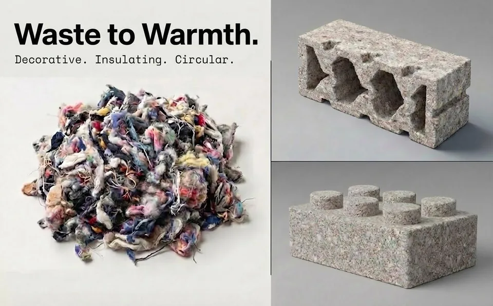 Rebrick Waste to Warmth concept showing discarded textile fibers alongside hollow and interlocking module designs